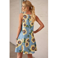 Blue Sunflower Print Tank Dress