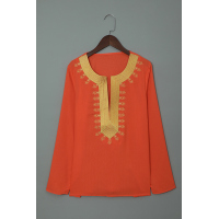 Orange Embroidered Split Neckline Shift Blouse