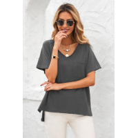 Gray V Neck Short Sleeves Cotton Blend Tee with Front Pocket and Side Slits