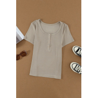 Khaki Scoop Neck Buttoned Front Ribbed Knit Short Sleeve Top