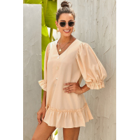 Beige Casual Loose V Neck Short Swing Dress