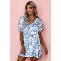 Blue V-Neck Half Sleeve Leopard Casual T Shirt Dress with Pockets