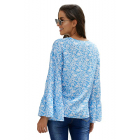 Sky Blue Chiffon V Neck Printed Bell Sleeve Blouse