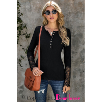 Black Crochet Lace Hem Sleeve Button Top