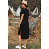 Black Casual Short Sleeve T-shirt Midi Dress with High Splits