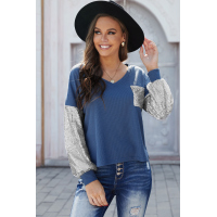 Sequin Splicing Blue V Neck Bishop Sleeves Top