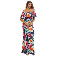 Navy Blue Roses Print Off-the-shoulder Maxi Dress