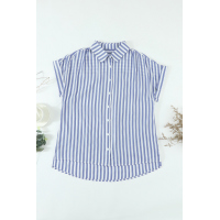 Blue Short Sleeve Buttoned Striped Print Blouse