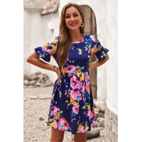 Dark Blue Ruffled Short Sleeve Floral Dress