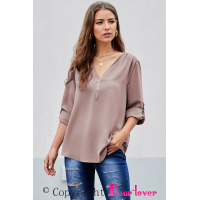 Khaki Casual V Neck Zip up Half Sleeve Blouse