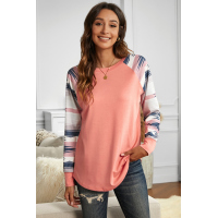 Pink Raglan Long Sleeve Geometric Print Top