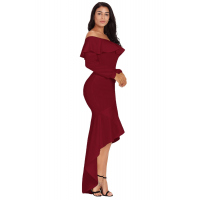 Burgundy Lantern Sleeve Asymmetric Ruffle Hem Prom Dress