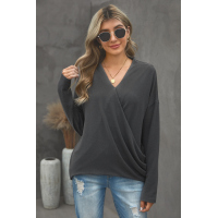 V-Neck Wrap Front Irregular Twist Hem Long Sleeve Top