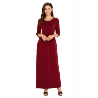 Burgundy Pocket Design 3/4 Sleeves Maxi Dress