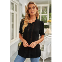 Black Lace Crochet Frilled Short Sleeve Top