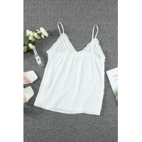 White V-Neck Ruffle Adjustable Spaghetti Strap Tank Top