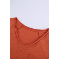 Orange V Neck Short Sleeves Cotton Blend Tee with Front Pocket and Side Slits