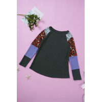 Gray Multi Print Color-block Sleeves Waffle Knit Top