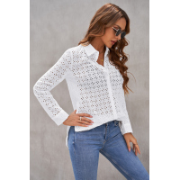 White Long Sleeve Eyelet Floral Pattern Hollow-out Shirt