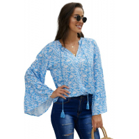 Sky Blue Chiffon V Neck Printed Bell Sleeve Blouse