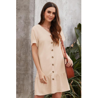 Beige Pocketed Button Ruffle Dress