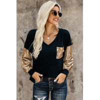 Sequin Splicing Black V Neck Bishop Sleeves Top