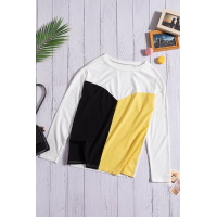 Yellow Color Block Splicing O-Neck Blouse