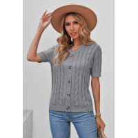 Gray Cable Knit Short Sleeve Top with Buttons