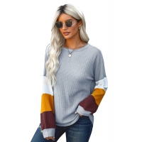 Gray Colorblock Lantern Sleeve Blouse