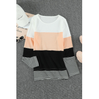 Apricot Stylish Colorblock Splicing Stripes Top