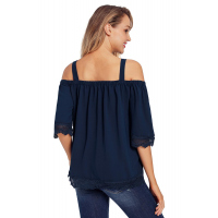 Navy Blue Crochet Lace Trim Cold Shoulder Blouse