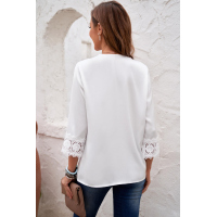 White 3/4 Sleeves Crochet Detail V Neck Blouse