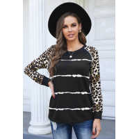 Black Leopard Sleeve Tie-dye Stripe Print Top