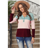 Sky Blue V-neck Color Block Button Waffle Knit Pullover