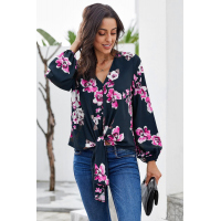 Rose V Neck Long Sleeve Tie Front Blouse