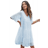 Sky Blue V Neck Tiered Babydoll Lace Dress