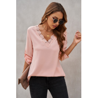 Pink Lace V Neck 3/4 Sleeves Blouse