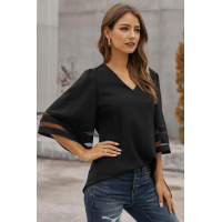 Black Flare Sleeve V Neck Loose Blouse