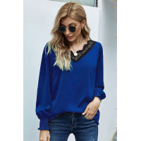 V Neck Lace Patchwork Blue Blouse