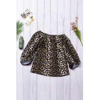 Leopard Print Elastic Neck Off Shoulder Top