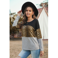 Gray Colorblock Leopard Patchwork Long Sleeve Top