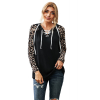 Lace Up Neck Leopard Long Sleeves Top