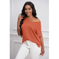 Orange V Neck Short Sleeves Cotton Blend Tee with Front Pocket and Side Slits