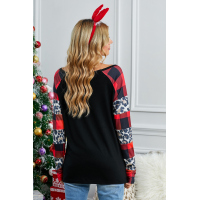 Black Off Shoulder Plaid&Leopard Print Long Sleeve Top