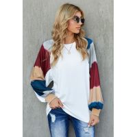 White Lantern Sleeve Color Block Pullover Loose T-shirts