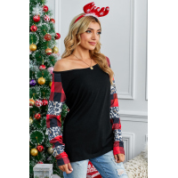 Black Off Shoulder Plaid&Leopard Print Long Sleeve Top