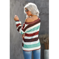 Brown One Shoulder Striped Color Block Lantern Long Sleeve Top