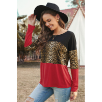 Burgundy Colorblock Leopard Patchwork Long Sleeve Top