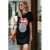 Black Lip Print Summer Casual Tee Mini Dress