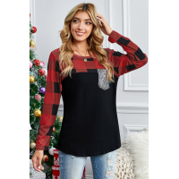 Plaid Print Patchwork Black Long Sleeve Top